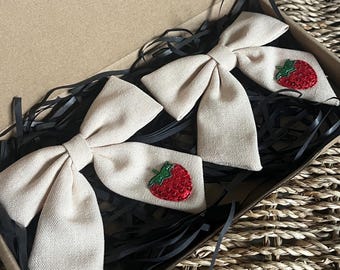 Strawberry Linen Bow | Berry Cute Hair Clip | Beige Lined Clip | Girls Summer Strawberry Outfit