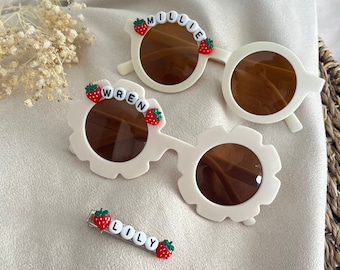 Girls personalised strawberry flower sunglasses, berry first birthday theme, turning one, girls white sunglasses, strawberry hair clip gift