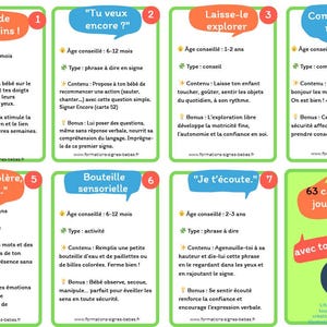May include: A collection of eight French flashcards for babies and toddlers, featuring colourful speech bubbles and text. The cards cover topics such as hand gestures, exploration, and morning rhymes. The cards are designed for playing, signing, and talking with your baby.