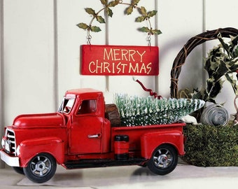 Classic Rustic Metal Farmhouse Pickup Truck w/Christmas Tree Vintage Home Decor High Detail 7" Long / 5" Height /Red Free Shipping