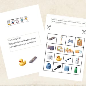 Puede incluir: Dos hojas de papel blancas con texto e ilustraciones en alemán. Una hoja tiene un dibujo de niños y el texto "Lernaufgabe: Gegenstände in Badezimmer und Wohnzimmer zuordnen". La otra hoja tiene una cuadrícula de artículos para el hogar.