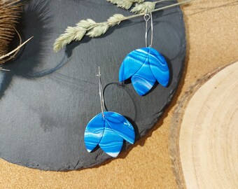 Handmade polymer clay hoop earrings, tulip earrings, marbled blue and white, Christmas gifts for her