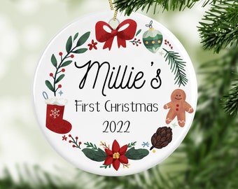 Personalised baby's first Christmas bauble ceramic decoration