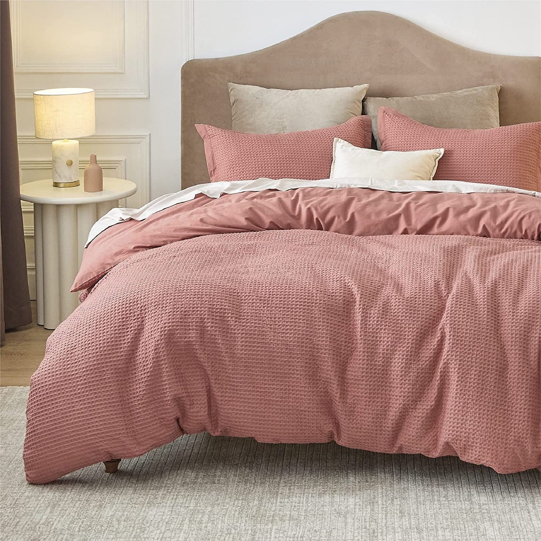Waffle Duvet Cover in Pink Color Set, Cotton Bedding With Pillowcase