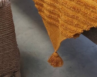 Mustard Tufted Throw - Mustard Hand loom Cotton Throw Blanket With Tassels - Decorative Throw Blanket 52x72 inch