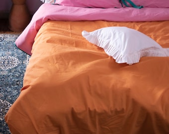 Orange And Pink Combination Cotton Duvet Cover / Dual Color Duvet Cover With 2 Pillow Shames / Double Side Color Duvet Cover/ Boho Duvet