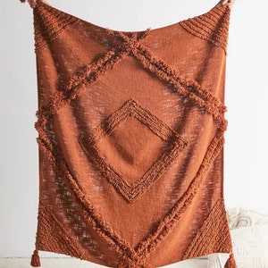 Rust Orange Tufted Throw - Rust Hand loom Cotton Throw Blanket With Tassels - Decorative Throw Blanket 52x72 inch