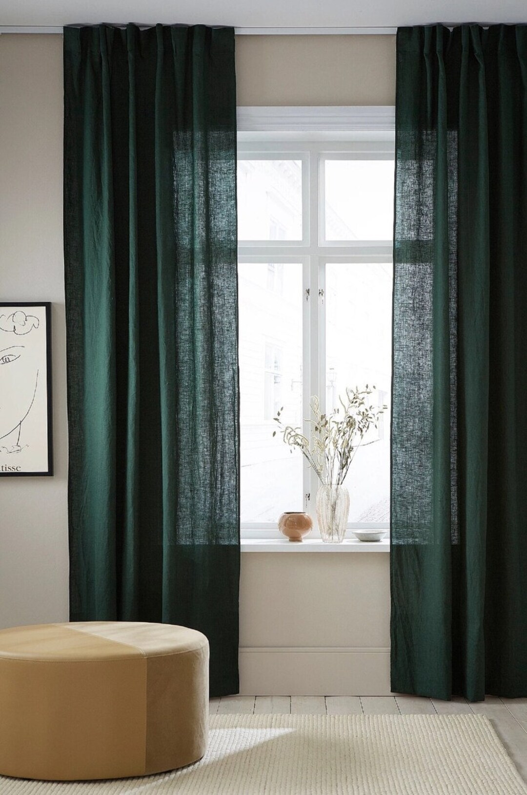 Linen Emerald Green Curtain, Window Curtain Boho Curtain Bedroom