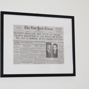 1948 Israel is Born | Framed NY Times Front Page Reprint from May 15, 1948 Covering Israel's Establishment