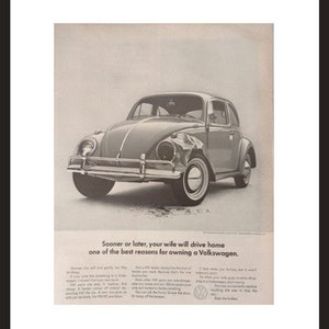 Framed Original Ad from 1964 LIFE Magazine | Wife-Wrecked VW Bug | Vintage & Retro Ad