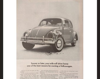 Framed Original Ad from 1964 LIFE Magazine | Wife-Wrecked VW Bug | Vintage & Retro Ad