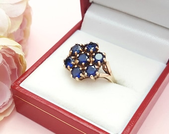 9ct Gold Large Sapphire Cluster Ring | Engagement Ring | UK Size M 1/2 | Pre-owned