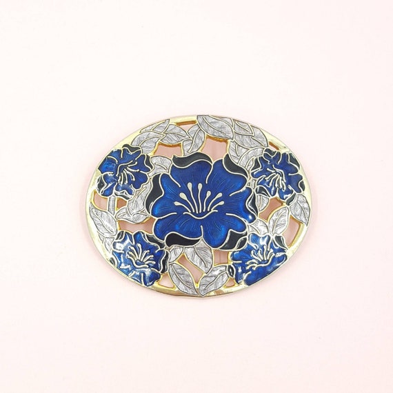 Cloisonné style Blue and Lilac Enamel Brooch by F… - image 3