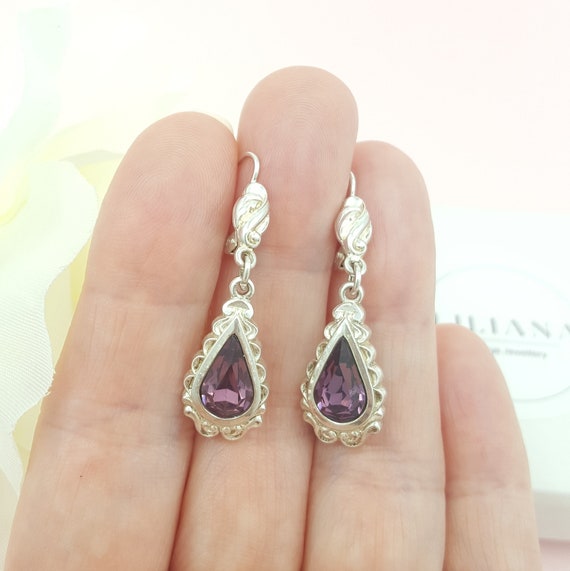 Ornate Silver Amethyst Drop Earrings | Dangle Ear… - image 4