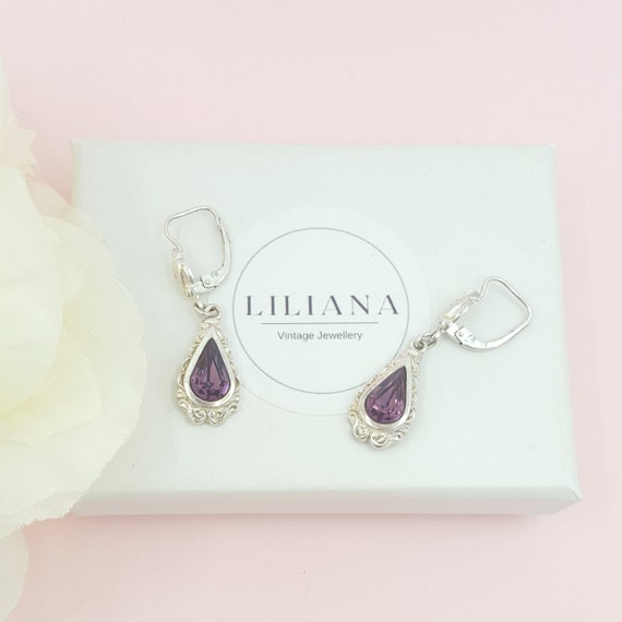 Ornate Silver Amethyst Drop Earrings | Dangle Ear… - image 1