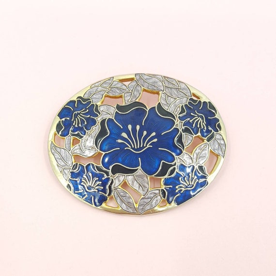 Cloisonné style Blue and Lilac Enamel Brooch by F… - image 1