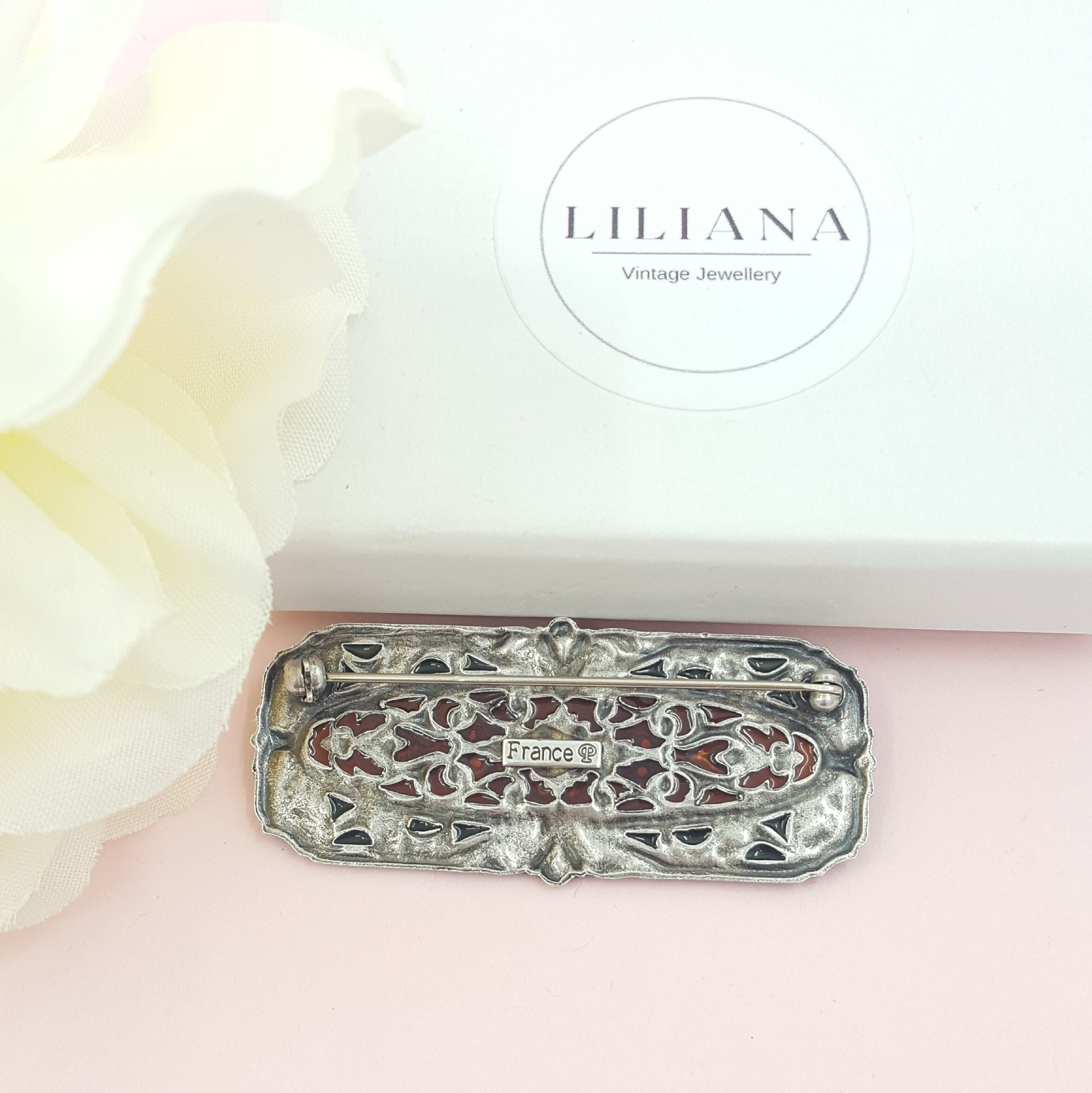 Vintage Catherine Popesco France Enamel & Rhinestone Brooch, Perfect Condition $70 Vintage Catherine Popesco France CP Art Deco Revival  main image 4
