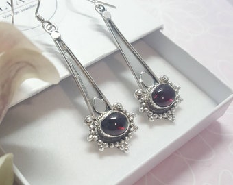 Almandine Garnet Drop Earrings | Sterling Silver Earrings | pre-owned