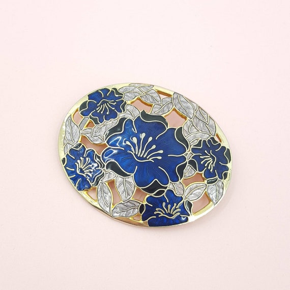 Cloisonné style Blue and Lilac Enamel Brooch by F… - image 2