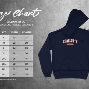 Gildan 18500 hooded sweatshirt size chart with width and length measurements.
