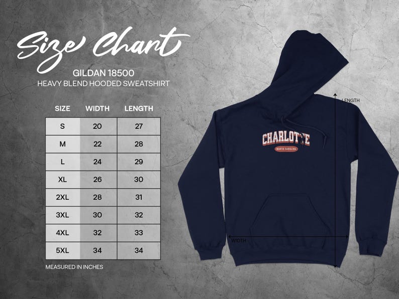 Gildan 18500 hooded sweatshirt size chart with width and length measurements.