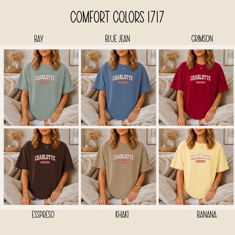 Six shirts in different colors: Bay, Blue Jean, Crimson, Espresso, Khaki, Banana.