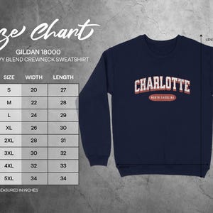 Gildan 18000 sweatshirt size chart with measurements for Charlotte, North Carolina.