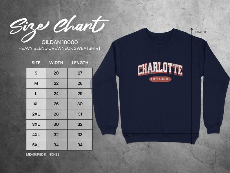 Gildan 18000 sweatshirt size chart with measurements for Charlotte, North Carolina.