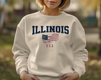 Illinois Sweatshirt, Illinois apparel, American Flag USA Sweatshirt, Illinois vintage Crewneck, Illinois sweater vintage Illinois sweatshirt
