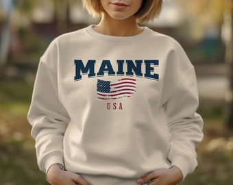 Felpe del Maine, regali del Maine, felpa con bandiera americana USA, souvenir del Maine, maglione girocollo del Maine, felpa del Maine per donne e uomini