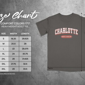 Size chart for Comfort Colors 1717 heavyweight adult tee, showing sizes S-4XL.