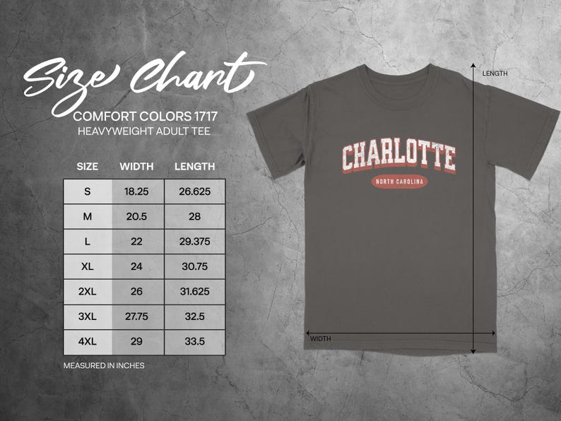 Size chart for Comfort Colors 1717 heavyweight adult tee, showing sizes S-4XL.