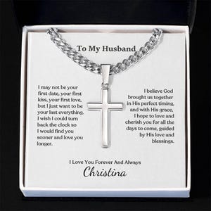 Collar de cadena cubana con eslabones cruzados grabados, regalo de esposa a esposo, joyería para hombres, regalos cristianos, regalo de aniversario para esposo