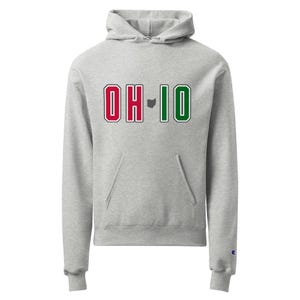 May include: A light gray hoodie with a front pocket and a hood. The front of the hoodie displays the letters "OH" in red with a white outline, and "IO" in green with a white outline, with a small gray outline of the state of Ohio.