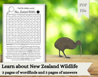 New Zealand Wildlife Word Searches | Learn about New Zealand Animals | Kiwi Wildlife Word Find | Digital Download | Worksheets Aotearoa