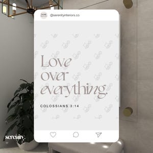 May include: A white and gray social media post with a quote that reads "Love over everything. Colossians 3:14". The background is a pattern of small gray hand-holding icons.