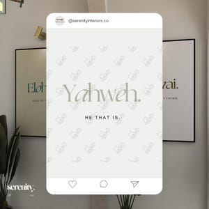May include: A white background with a repeating pattern of small hand-drawn icons. The text "Yahweh. HE THAT IS." is centered on the background. The text is in a light gray color. The image is a social media post with a heart, comment bubble, and paper airplane icon at the bottom.