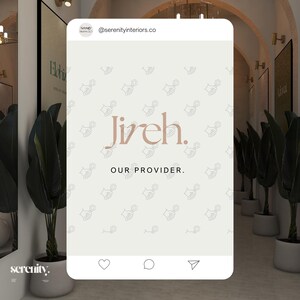May include: A social media post with a light brown background featuring a pattern of small hand-drawn icons. The text "Jireh. OUR PROVIDER." is displayed in a light brown font. The post is from the account @serenityinteriors.co.