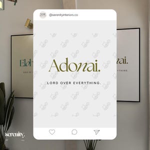 May include: A white background with a repeating pattern of small hand-drawn icons. The text "Adonai. LORD OVER EVERYTHING." is in a green font.
