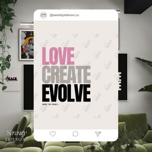 May include: A social media post with the text "LOVE CREATE EVOLVE WHERE YOU EXHALE..." in pink, gray, and black text on a white background. The background has a pattern of small hand-drawn outlines of hands.
