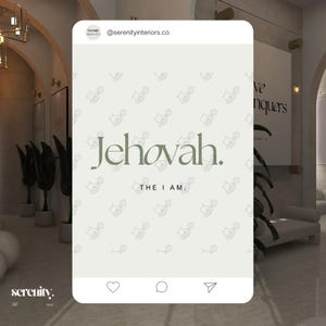 May include: A white and gray Instagram post with a green pattern of hands holding keys. The text "Jehovah. THE I AM." is in black text.