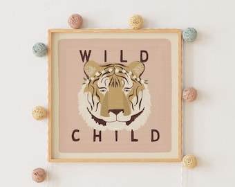 Wild Child Art Print | Dusky Pink Childrens Art Print | Kids Safari Animal Wall Art | Tiger Nursery Illustration | Unframed | Quality Giclee