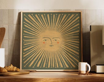 Celestial Sun Face Print – Sun Art Print | Olive Green Bohemian Wall Art | Earth Toned Hand Drawn Sun Illustration | Unframed | Q Giclee