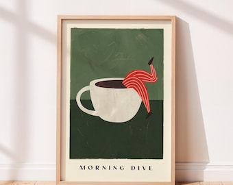 Morning Dive Coffee Print | Illustrated Funny Coffee Decor | Gouache Green Kitchen Wall Art | Quality Giclee | Unframed