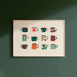 May include: A framed print featuring a collection of twelve decorative mugs. Each mug showcases a unique design, including floral patterns, stripes, and geometric shapes. The color palette includes red, green, blue, and orange, creating a vibrant and cheerful aesthetic.