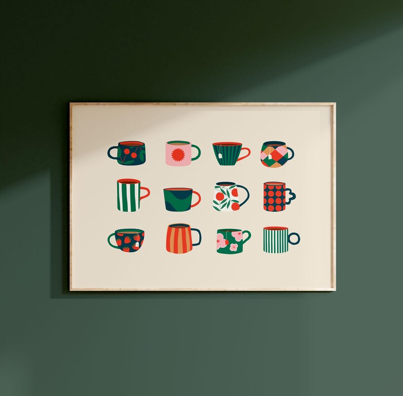 May include: A framed print featuring a collection of twelve decorative mugs. Each mug showcases a unique design, including floral patterns, stripes, and geometric shapes. The color palette includes red, green, blue, and orange, creating a vibrant and cheerful aesthetic.