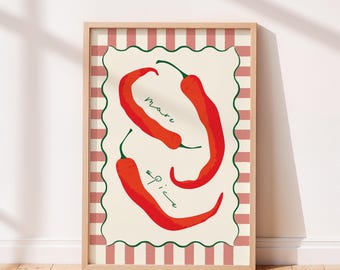 More Spice Chilli Print: Pink Kitchen Print, Green Kitchen Wall Art, Chilli Wall Decor, Chilli Illustration Giclee Wall Art (UNFRAMED)
