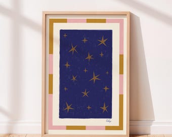 Starlit Dreamscape – Gold Abstract Stars Bedroom Art Print: Starry Sky Illustration, Celestial Bedroom Wall Art (UNFRAMED, QUALITY GICLEE)