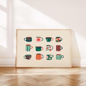 Mug Collection Print, Cafe Art: Tea and Coffee Kitchen Print, Illustrated Mug Collection Giclee Wall Art, Green Kitchen Decor (UNFRAMED) image 1