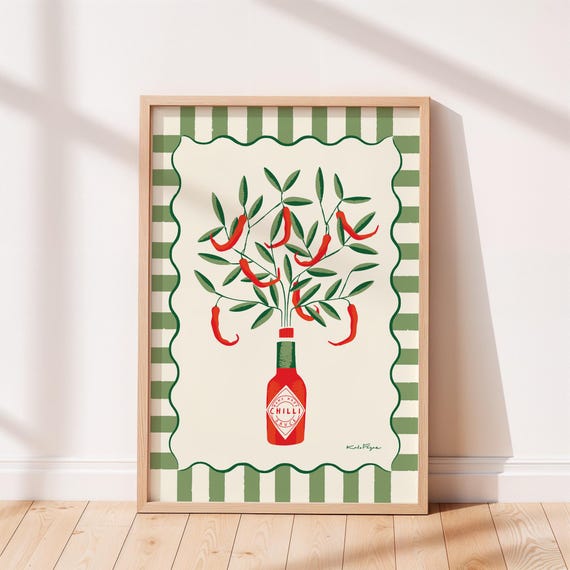Chilli Plant Print: Green Kitchen Print, Green Kitchen Decor, Chilli Kitchen and Dining Illustration Giclee Wall Art (UNFRAMED)